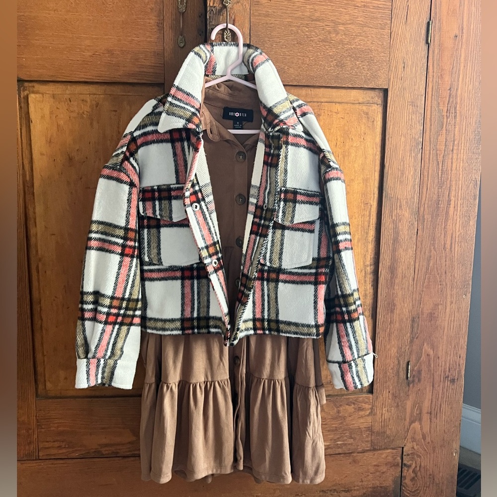 Adorable plaid coat and tan dress